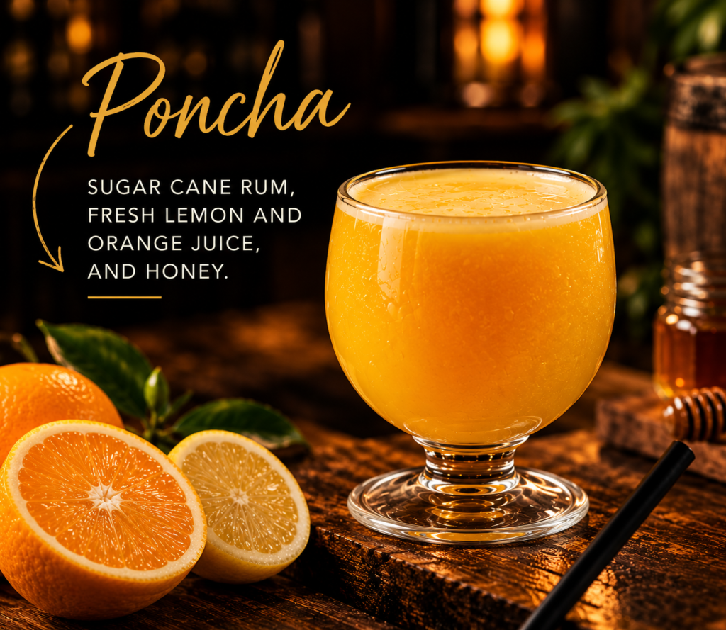Madeiran Poncha drink in golden citrus promotional design