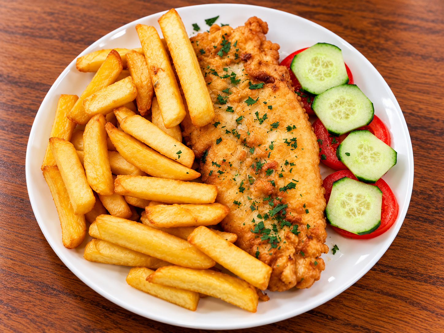 Golden coated fish served with chunky chips